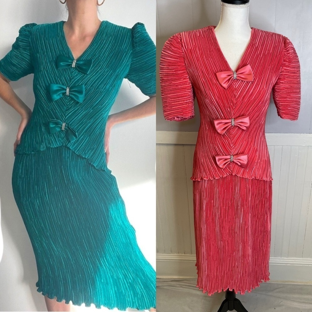 Karen Lawrence Vintage Skirt Set Womens Midi Embellished Bow Event Green 80's 16